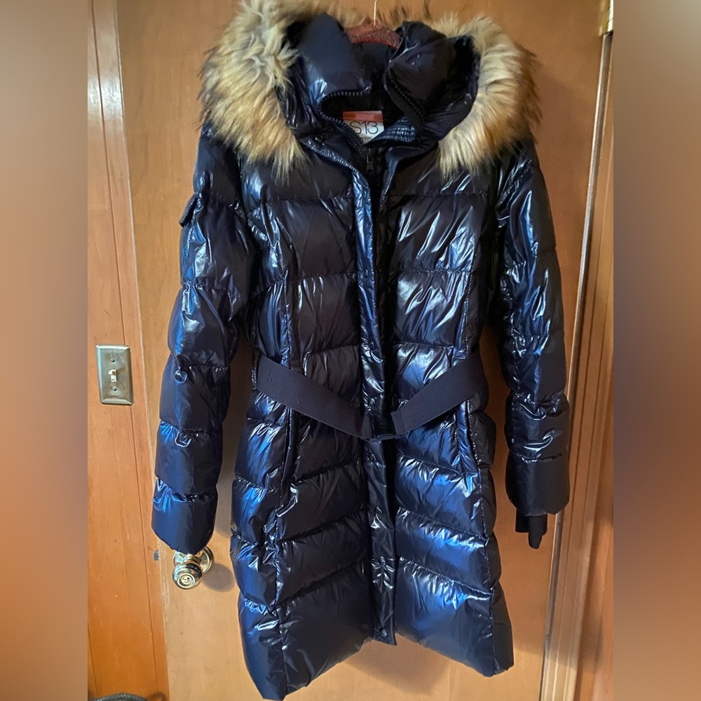 S13 Gloss Chalet Size XL Hooded Faux Fur Down Jet Black Puffer Jacket